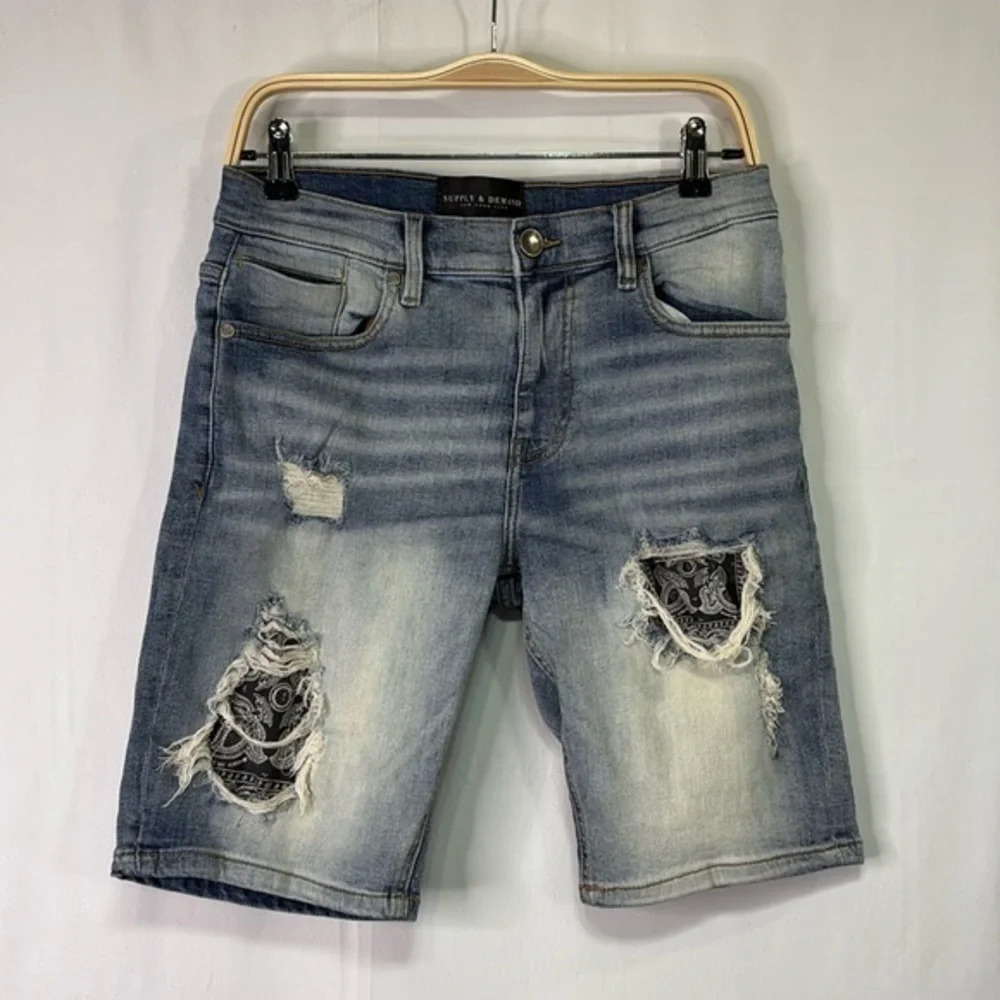 🍕 supply and demand distressed, long jean shorts with black bandanna patch